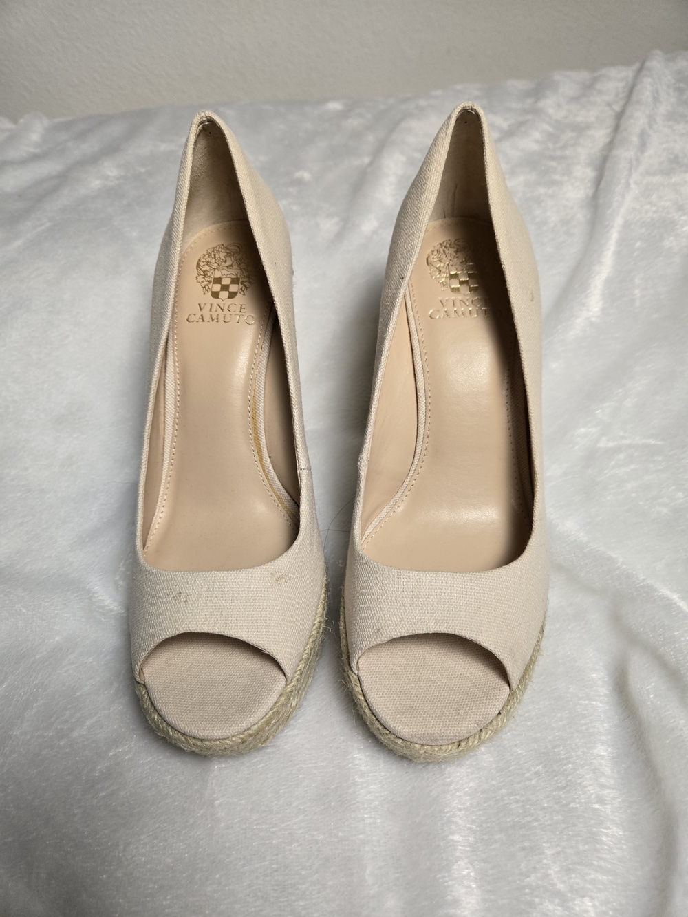 Vince Camuto Cream Canvas Peep-Toe Espadrille Wedges